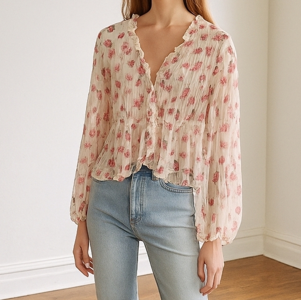 Love Notes Boho Floral Sheer Ruffle Babydoll Feminine Fairy Blouse Top Size S